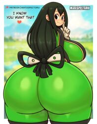 Rule 34 | 1girl, ass, ass focus, asui tsuyu, black eyes, bodysuit, boku no hero academia, breasts, english text, green hair, highres, huge ass, huge breasts, looking at viewer, looking back, mato spectoru, solo, tagme, wide hips