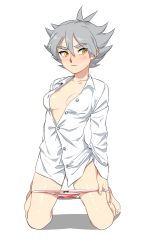 Rule 34 | 1girl, blush, female focus, gender request, genderswap, grey hair, inazuma eleven, inazuma eleven (series), kneeling, panties, panty pull, shirt, solo, striped clothes, striped panties, tagme, underwear, yellow eyes