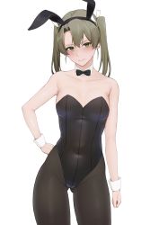 Rule 34 | 1girl, absurdres, alternate costume, animal ears, bare shoulders, black bow, black bowtie, black leotard, black pantyhose, blush, bow, bowtie, breasts, closed mouth, collarbone, cowboy shot, detached collar, extra ears, fake animal ears, gluteal fold, green eyes, green hair, groin, hair between eyes, hair ribbon, hand on own hip, highres, kantai collection, leotard, long hair, looking at viewer, pantyhose, playboy bunny, rabbit ears, ribbon, simple background, small breasts, solo, strapless, strapless leotard, takaman (gaffe), twintails, white background, white ribbon, wrist cuffs, zuikaku (kancolle)