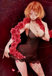 Rule 34 | 1girl, akizuki hakuto, black dress, bob cut, breasts, cleavage, dress, closed eyes, flower, jewelry, large breasts, necklace, one piece, orange hair, rose, short hair, silk, solo, spider web, standing, stitches, tattoo, thriller bark, victoria cindry