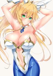 Rule 34 | 1girl, animal ears, arms behind head, artoria pendragon (all), artoria pendragon (fate), artoria pendragon (swimsuit ruler) (fate), bare shoulders, blonde hair, blue pantyhose, blush, breasts, cleavage, closed mouth, clothing cutout, covered navel, crown, detached collar, fate/grand order, fate (series), fishnet pantyhose, fishnets, green eyes, hair between eyes, highleg, highres, large breasts, leotard, long hair, looking at viewer, navel, navel cutout, necktie, pantyhose, ponytail, rabbit ears, sankakusui, sidelocks, simple background, smile, solo, thighs, white background, white leotard, wrist cuffs