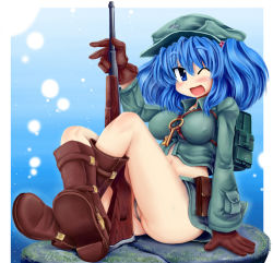 Rule 34 | 1girl, :d, backpack, bag, between breasts, between thighs, blue eyes, blue hair, boots, breasts, covered erect nipples, female focus, gloves, gun, hair bobbles, hair ornament, hat, kawashiro nitori, key, large breasts, matching hair/eyes, midriff, navel, no panties, okiraku nikku, one eye closed, open mouth, randoseru, rifle, short hair, sitting, smile, solo, thighs, touhou, twintails, two side up, weapon, wink