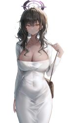 Rule 34 | 1girl, black hair, blue archive, breasts, chabi, cleavage, commentary request, covered navel, cowboy shot, dark skin, dongtan dress, dress, highres, karin (blue archive), large breasts, long hair, long sleeves, looking at viewer, meme attire, simple background, solo, standing, white background, white dress, yellow eyes