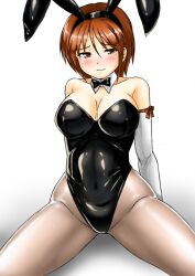Rule 34 | 1girl, animal ears, black leotard, blush, bow, bowtie, breasts, brown eyes, brown hair, brown pantyhose, collarbone, covered navel, detached collar, detached sleeves, embarrassed, fake animal ears, fishnet pantyhose, fishnets, hairband, highleg, highleg leotard, kantai collection, kudou (ooabareteng), leotard, looking at viewer, medium breasts, natori (kancolle), pantyhose, playboy bunny, rabbit ears, rabbit tail, shadow, short hair, simple background, sitting, solo, strapless, strapless leotard, tail, traditional bowtie, white background, wrist cuffs