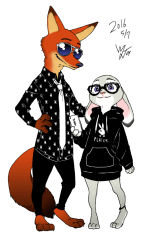 Rule 34 | 1boy, 1girl, bespectacled, black-framed eyewear, black jacket, black pants, cellphone, closed mouth, contemporary, disney, fox, full body, fumitan (humitan), furry, glasses, hand on own hip, height difference, holding, holding phone, hood, hooded sweater, jacket, judy hopps, long sleeves, necktie, nick wilde, pants, phone, purple eyes, rabbit, simple background, smartphone, smile, standing, sunglasses, sweater, tail, white background, white necktie, zootopia