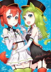 Rule 34 | 2girls, :d, animal ears, bow, braid, cat ears, cat tail, dog ears, dog tail, dress, elbow gloves, garter straps, gloves, green eyes, green hair, green legwear, hair bow, hat, looking at viewer, mika pikazo, multiple girls, open mouth, original, red eyes, red hair, red legwear, sleeveless, smile, tail, thighhighs, white gloves