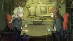 Rule 34 | 2girls, axe, brown hair, card, chair, commentary, cup, diana cavendish, elvafirst, english commentary, high ponytail, highres, kagari atsuko, light green hair, little witch academia, mug, multicolored hair, multiple girls, open mouth, robe, short ponytail, sitting, table, two-tone hair