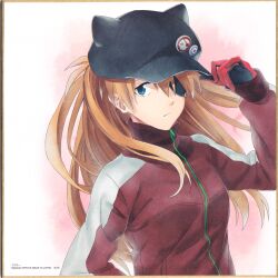 Rule 34 | 1girl, absurdres, bandai, baseball cap, black hat, blue eyes, bodysuit, bodysuit under clothes, breasts, copyright name, evangelion: 3.0 you can (not) redo, eyepatch, hair between eyes, hat, highres, jacket, long hair, looking at viewer, medium breasts, neon genesis evangelion, official art, orange hair, pilot suit, plugsuit, rebuild of evangelion, red bodysuit, scan, shikishi, simple background, solo, souryuu asuka langley, track jacket, two side up