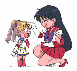 Rule 34 | 2girls, ^ ^, aged down, bishoujo senshi sailor moon, blonde hair, bow, bowtie, closed eyes, hino rei, multiple girls, open mouth, purple bow, purple hair, red bow, red bowtie, red footwear, red skirt, sailor mars, sailor moon, simple background, size difference, skirt, tsubobot, tsukino usagi, white background