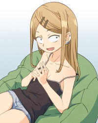 Rule 34 | 10s, 1girl, :d, bean bag chair, blonde hair, breasts, camisole, collarbone, commentary, constricted pupils, dagashi kashi, ear piercing, endou saya, fang, hair ornament, hairclip, highres, interlocked fingers, long hair, looking at viewer, open mouth, photoshop (medium), piercing, sanpaku, sat-c, short shorts, shorts, simple background, small breasts, smile, solo, strap slip