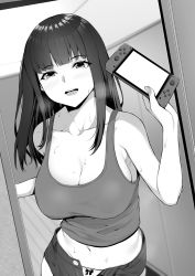 Rule 34 | 1girl, arm up, armpits, blush, breasts, cleavage, collarbone, denim, denim shorts, doorway, greyscale, heavy breathing, highres, indoors, large breasts, long hair, looking at viewer, midriff, monochrome, navel, nintendo switch, no bra, open clothes, open fly, open mouth, open shorts, original, panties, pov doorway, round teeth, short shorts, shorts, smile, solo, sweat, takoneru, tank top, teeth, unbuttoned, underwear, unzipped, upper body, zipper