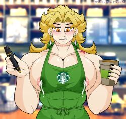 Rule 34 | 1boy, alduinafterdark, apron, birthmark, black nails, blonde hair, blush, cafe, coffee, coffee cup, cup, dio brando, disposable cup, earrings, fangs, highres, holding, holding cup, iced latte with breast milk (meme), jewelry, joestar birthmark, jojo no kimyou na bouken, large pectorals, long hair, male focus, male lactation, meme, milk, muscular, muscular male, naked apron, nipples, orange eyes, pectorals, scar, scar on neck, stardust crusaders