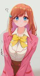 Rule 34 | 1girl, ?, absurdres, blue eyes, blush, bow, bowtie, braid, closed mouth, collarbone, collared shirt, commentary request, gradient background, grey background, hair ornament, hibino matsuri, highres, long hair, long sleeves, looking at viewer, orange hair, pretty series, shirt, single braid, solo, sugimura mickey, waccha primagi!, white shirt, yellow bow, yellow bowtie
