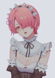 Rule 34 | 1girl, apron, bad id, bad twitter id, blush, bow, bowtie, breasts, cleavage, detached sleeves, dress, eyes visible through hair, female focus, flower, frown, grey background, hair flower, hair ornament, hair over one eye, hairband, hairclip, highres, looking at viewer, maid, maid apron, matching hair/eyes, medium breasts, noriuma, one eye covered, open mouth, pink eyes, pink hair, ram (re:zero), re:zero kara hajimeru isekai seikatsu, roswaal mansion maid uniform, serious, short hair, small breasts, solo, standing, wide sleeves, x hair ornament