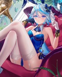 Rule 34 | 1girl, absurdres, asymmetrical gloves, black gloves, blue eyes, blue hair, blue leotard, breasts, commentary, crossed legs, furina (genshin impact), garter straps, genshin impact, gloves, heta, highres, leotard, long hair, looking at viewer, mismatched gloves, parted lips, playboy bunny, small breasts, solo, strapless, strapless leotard, thighhighs, thighs, white gloves, white thighhighs