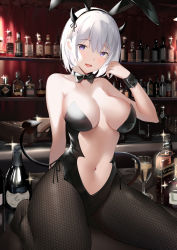Rule 34 | 1girl, alcohol, animal ears, black bow, black bowtie, blush, bottle, bow, bowtie, breasts, breasts apart, center opening, collarbone, commentary request, demon horns, demon tail, fake animal ears, fake horns, fishnet pantyhose, fishnets, hair ornament, highres, horns, indoors, large breasts, leotard, looking at viewer, navel, open mouth, original, pantyhose, playboy bunny, purple eyes, rabbit ears, revealing clothes, revision, short hair, sidelocks, sitting, sleeve cuffs, solo, sparkle, strapless, strapless leotard, suzuame yatsumi, tail, wariza, white hair, wrist cuffs