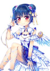 Rule 34 | 1girl, absurdres, alternate hairstyle, angel of eden (love live!), angel wings, ankle cuffs, artist name, artist request, back bow, bare legs, bare shoulders, blue bow, blue flower, blue hair, blue skirt, blue wrist cuffs, blush, bow, braid, breasts, cleavage, collarbone, crown braid, crystal hair ornament, double bun, dress, female focus, flower, frilled dress, frills, hair bun, hair flower, hair ornament, hair ribbon, highres, invisible chair, looking at viewer, love live!, love live! school idol festival, love live! school idol festival all stars, love live! sunshine!!, miniskirt, parted lips, pink eyes, pink flower, plaid, plaid dress, plaid skirt, pleated, pleated dress, pleated skirt, purple eyes, red eyes, ribbon, ribbon-trimmed legwear, ribbon trim, short hair, short sleeves, sitting, skirt, sleeveless, sleeveless dress, small breasts, smile, solo, strapless, strapless dress, striped, striped bow, tsushima yoshiko, v, v-shaped eyebrows, white background, white detached collar, white dress, white flower, white ribbon, white skirt, white wings, white wrist cuffs, wings, wrist cuffs