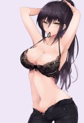 Rule 34 | 1girl, armpits, arms behind head, arms up, bad id, bad twitter id, bare shoulders, black bra, black hair, black panties, black pants, blush, bra, breasts, cleavage, collarbone, commentary, hair between eyes, hair tie in mouth, high ponytail, highres, hip focus, idolmaster, idolmaster shiny colors, lace, lace-trimmed bra, lace trim, large breasts, long hair, looking at viewer, mouth hold, navel, open fly, panties, pants, ponytail, ryuu., shirase sakuya, simple background, solo, tying hair, underwear, yellow eyes