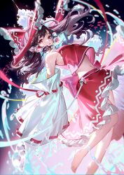 Rule 34 | 1girl, ascot, bare legs, bare shoulders, barefoot, blue ascot, bow, bubble, commentary request, detached sleeves, frilled hair tubes, frills, full body, hair bow, hair tubes, hakurei reimu, highres, long hair, looking at viewer, midriff, navel, parted lips, red bow, red eyes, red skirt, red vest, ribbon-trimmed sleeves, ribbon trim, skirt, sleeves past fingers, sleeves past wrists, solo, touhou, u u zan, vest, white sleeves, wide sleeves