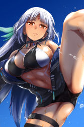 Rule 34 | 1girl, absurdres, azur lane, bare shoulders, bikini, bikini top only, blue background, blunt bangs, breasts, brown eyes, cleavage, collarbone, commentary request, cowboy shot, dark-skinned female, dark skin, feather hair ornament, frown, hair ornament, highres, large breasts, long hair, looking at viewer, massachusetts (azur lane), midriff, navel, short shorts, shorts, sidelocks, silver hair, simple background, solo, split, standing, standing on one leg, swimsuit, thigh strap, yellow quokka