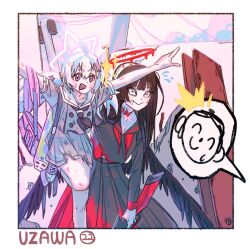 Rule 34 | 2girls, ahoge, arms up, backpack, bag, black hair, black neckerchief, black serafuku, black skirt, black wings, blood, blood on clothes, blue archive, blue eyes, blue hair, border, bullpup, closed mouth, doodle sensei (blue archive), double-barreled shotgun, feet out of frame, foot out of frame, grey jacket, grey shirt, grey skirt, gun, hair ornament, halo, highres, jacket, light blue hair, melting halo, multicolored hair, multiple-barrel firearm, multiple girls, neckerchief, open mouth, outdoors, outside border, outstretched arms, pararilla, pink bag, pink hair, pink halo, pleated skirt, pump-action shotgun, pump action, purple eyes, red eyes, red neckerchief, reisa (blue archive), sailor collar, school uniform, sensei (blue archive), serafuku, shirt, shotgun, side-by-side-barreled shotgun, skirt, smile, standard manufacturing dp-12, star (symbol), star hair ornament, star halo, tsurugi (blue archive), twintails, weapon, white border, wide-eyed, winchester model 1887, wings