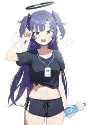 Rule 34 | 1girl, absurdres, black shirt, black shorts, blue archive, blush, boller jiang, bottle, collarbone, cowboy shot, facial mark, halo, highres, holding, holding bottle, id card, long hair, looking at viewer, mechanical halo, navel, official alternate costume, open mouth, purple eyes, purple hair, shirt, short sleeves, shorts, simple background, smile, solo, star (symbol), two side up, water bottle, white background, yuuka (blue archive), yuuka (track) (blue archive)