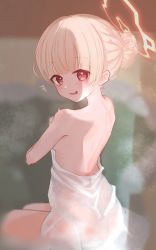Rule 34 | 1girl, absurdres, alternate hairstyle, blonde hair, blue archive, blurry, blush, breasts, commentary, halo, highres, looking back, medium breasts, naked towel, nodoka (blue archive), onsen, open mouth, osorii, red eyes, solo, steam, towel, wet