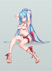 Rule 34 | 10s, 1girl, ankle lace-up, aoki hagane no arpeggio, armpits, arms up, bikini, blue eyes, blue hair, breasts, covered erect nipples, cross-laced footwear, highres, bridal garter, long hair, lostray, matching hair/eyes, micro bikini, navel, o-ring, o-ring bottom, ponytail, sandals, smile, solo, strap gap, swimsuit, takao (aoki hagane no arpeggio), very long hair