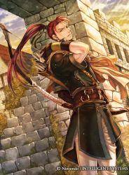 Rule 34 | 1boy, armor, arrow (projectile), bow (weapon), company name, fire emblem, fire emblem cipher, gloves, holding, holding weapon, long hair, looking at viewer, nintendo, outdoors, ponytail, quiver, red hair, shinon (fire emblem), short sleeves, takaya tomohide, weapon