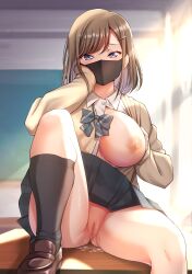 Rule 34 | 1girl, absurdres, black socks, blue eyes, breasts, brown hair, censored, desk, hair ornament, hairpin, hand on own cheek, hand on own face, highres, large breasts, looking at viewer, mask, mibushiro, mosaic censoring, mouth mask, nipples, no panties, on desk, one breast out, original, pleated skirt, pussy, pussy juice, school uniform, short hair, sitting, on desk, skirt, socks, solo, spread legs, underwear, upskirt