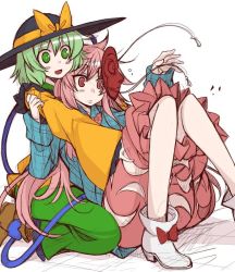 Rule 34 | 2girls, :d, black hat, blush, bow, bubble skirt, colored pencil (medium), eichi yuu, expressionless, frilled sleeves, frills, green eyes, green hair, green skirt, hat, hat bow, hata no kokoro, hug, hug from behind, kneeling, knees together feet apart, knees up, komeiji koishi, long sleeves, mask, mask on head, monkey mask, multiple girls, open mouth, pink eyes, pink hair, pink skirt, plaid, plaid shirt, shirt, short hair, skirt, smile, string, touhou, traditional media, white background, wide sleeves, yellow bow, yellow shirt