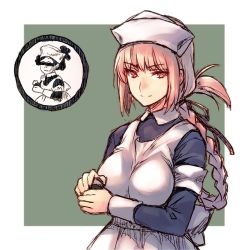 Rule 34 | 1girl, apron, braid, censored, dress, fate/grand order, fate (series), florence nightingale (fate), hat, identity censor, long hair, looking at viewer, nurse, nurse cap, pink hair, red eyes, round image, simple background, smile, translation request, wanko (takohati8)