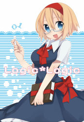 Rule 34 | 1girl, alice margatroid, bad id, bad pixiv id, bespectacled, blonde hair, blue eyes, book, bow, breasts, chalk, female focus, glasses, hairband, medium breasts, oinari (tensaizoku), open mouth, short hair, short sleeves, smile, solo, touhou