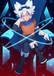 Rule 34 | 1boy, belt, binary, boots, broken glass, chair, character request, copyright request, floating, glass, gloves, glowing, goggles, goggles on head, highres, crossed legs, male focus, orange shirt, purple eyes, scarf, shirt, short hair, sitting, smile, solo, spiked hair, white gloves, white hair, zuizi