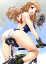 Rule 34 | 10s, 1girl, alternate costume, ass, ayato, back, back cutout, bicycle, black gloves, blue sky, blunt bangs, blush, boots, breasts, brown eyes, brown hair, camouflage, clothing cutout, cloud, competition swimsuit, covered erect nipples, day, eyelashes, from behind, girls und panzer, glasses, gloves, highres, holding, kneepits, large breasts, long hair, looking at viewer, looking back, one-piece swimsuit, open mouth, outdoors, palm tree, riding, semi-rimless eyewear, sitting, sky, solo, swimsuit, takebe saori, tongue, tree, under-rim eyewear