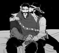 Rule 34 | 2boys, bara, beard, closed eyes, couple, cowboy hat, facial hair, feet out of frame, graves (league of legends), greyscale, hair slicked back, hand on another&#039;s hand, hand on another&#039;s head, hat, karipaku, kiss, kissing cheek, league of legends, long hair, male focus, mature male, monochrome, multiple boys, muscular, muscular male, mustache, on bed, short hair, sitting, sketch, thick eyebrows, twisted fate, yaoi