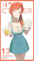 Rule 34 | 1girl, absurdres, beer mug, braid, breasts, character name, cleavage, closed eyes, commentary, cup, daydarion, dress, earrings, english commentary, feather earrings, feathers, green dress, grin, highres, holding, holding cup, hololive, hololive english, jewelry, kfp employee (takanashi kiara), large breasts, mug, orange hair, smile, solo, takanashi kiara, takanashi kiara (dirndl), virtual youtuber