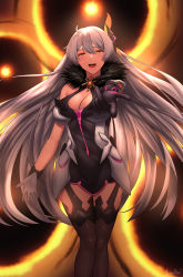Rule 34 | 1girl, 1nilla&#039;, :d, absurdres, asymmetrical gloves, black footwear, black gloves, boots, breasts, cleavage, dress, gloves, hair ornament, highres, honkai (series), honkai impact 3rd, kiana kaslana, kiana kaslana (herrscher of the void), large breasts, long hair, looking at viewer, mismatched gloves, open mouth, silver hair, smile, solo, thigh boots, thighhighs, white dress, white gloves, yellow eyes
