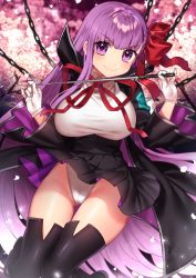 Rule 34 | 1girl, bb (fate), bb (fate/extra), black thighhighs, blush, bow, breasts, cameltoe, chain, cherry blossoms, closed mouth, commentary request, fate/extra, fate/extra ccc, fate/grand order, fate (series), flower, gloves, gluteal fold, hair between eyes, hair bow, hair ribbon, high-waist skirt, highres, holding, holding wand, large breasts, leotard, long hair, long sleeves, looking at viewer, petals, purple eyes, purple hair, red bow, red ribbon, ribbon, sakura yuki (clochette), skirt, smile, solo, standing, thighhighs, thighs, very long hair, wand, white gloves, white leotard, wide sleeves