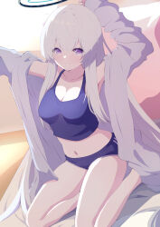Rule 34 | 1girl, alternate costume, arm behind head, arm up, armpits, bare legs, bed sheet, bedroom, black shorts, blanket, blue archive, breasts, cardigan, casual, cleavage, commentary request, grey cardigan, grey hair, hair between eyes, halo, highres, indoors, large breasts, long hair, long sleeves, looking at viewer, navel, noa (blue archive), on bed, open cardigan, open clothes, pajamas, purple eyes, short shorts, shorts, sidelocks, sitting, solo, stomach, stretching, tank top, tonomiya68, waking up, wariza, window