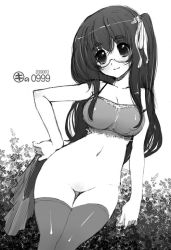 Rule 34 | 1girl, bottomless, breasts, camisole, cleavage, glasses, greyscale, hair ribbon, kei jiei, large breasts, long hair, monochrome, navel, ribbon, side ponytail, smile, solo, thighhighs