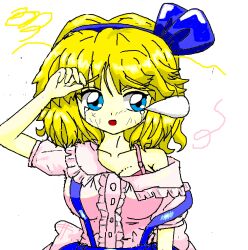 Rule 34 | 1girl, alice margatroid, alice margatroid (pc-98), blue dress, blue eyes, blue hairband, blue ribbon, breasts, crying, crying with eyes open, dress, hairband, huge breasts, injury, looking away, open mouth, ribbon, short hair, simple background, solo, tagu128, tears, touhou, white background