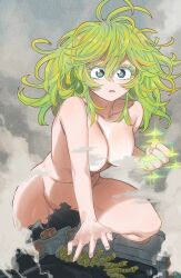Rule 34 | 1girl, absurdres, all fours, blue eyes, boku no hero academia, breasts, clenched hand, collarbone, colored eyelashes, colorized, completely nude, convenient censoring, dust, gaston18, green hair, green pupils, hagakure tooru, hair between eyes, highres, horikoshi kouhei, looking at viewer, medium breasts, medium hair, messy hair, navel, nude, open mouth, parted lips, ringed eyes, solo, spanish commentary, sparkle, spoilers, steam, steam censor, tareme, thighs