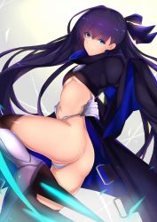 Rule 34 | 1girl, armor, armored boots, ass, bikini, blue bikini, blue eyes, blue ribbon, blunt bangs, boots, breasts, butt crack, commentary request, crotch plate, fate/grand order, fate (series), faulds, gradient background, grey background, hair ribbon, kameponde, long hair, long sleeves, meltryllis (fate), navel, parted lips, purple hair, revealing clothes, ribbon, small breasts, smile, solo, spikes, swimsuit, underboob, very long hair, yellow background