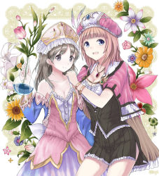 Rule 34 | 2girls, arm on another&#039;s shoulder, atelier (series), atelier rorona, atelier totori, blue eyes, bracelet, breasts, brown hair, capelet, cleavage, detached sleeves, female focus, flask, flower, grey eyes, grey hair, hand on shoulder, hat, jewelry, mi ti, multiple girls, necklace, pink hair, potion, rororina fryxell, side slit, skirt, smile, totooria helmold, vial