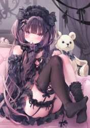 Rule 34 | 1girl, absurdres, babydoll, bare shoulders, black babydoll, black dress, black panties, blush, breasts, commentary request, dress, frilled babydoll, garter straps, gothic lolita, hair ornament, hairband, highres, legwear garter, lingerie, lolita fashion, lolita hairband, long hair, looking at viewer, medium breasts, mouth hold, negligee, original, panties, pink eyes, purple hair, revealing clothes, rubi-sama, single thighhigh, smile, solo, thighhighs, underwear, x hair ornament