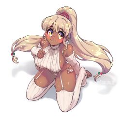 Rule 34 | 1girl, alternate costume, alternate hairstyle, bare shoulders, blonde hair, breasts, cable knit, closed mouth, commentary, cropped sweater, dark-skinned female, dark skin, detached sleeves, english commentary, garter straps, high ponytail, highres, hollewdz, hololive, hololive english, kneeling, large breasts, light brown hair, limiter (tsukumo sana), long hair, looking at viewer, meme attire, panties, ribbed sleeves, ribbed sweater, ribbed thighhighs, side-tie panties, sideboob, sideless sweater, sidelocks, smile, solo, sweater, thighhighs, thong, tsukumo sana, twitter username, underwear, very long hair, virgin destroyer sweater, virtual youtuber, white garter straps, white panties, white sweater, yellow eyes