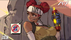 Rule 34 | 1girl, absurdres, animification, apex legends, breasts, brown eyes, brown tank top, cable, commentary, copyright name, dark-skinned female, dark skin, detached sleeves, double bun, english commentary, explosive, grenade, hair bun, headband, highres, holding, holding grenade, lifeline (apex legends), mar10, mask, mask around neck, medium breasts, parted lips, red hair, scared, sitting, solo, speech bubble, tank top, thermite grenade, white headband