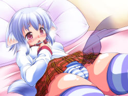 Rule 34 | 1girl, animal ears, bed, blue hair, blush, breath, cameltoe, clothes lift, collar, disembodied hand, lying, nikusho, open mouth, original, panties, red eyes, skirt, skirt lift, solo, striped clothes, striped panties, striped thighhighs, tail, thighhighs, underwear