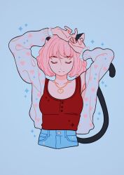 Rule 34 | 1girl, absurdres, animal ears, artist name, blue background, cat ears, cat tail, closed eyes, cropped legs, heart, heart print, highres, jewelry, long sleeves, meyoco, momomiya ichigo, necklace, pink hair, short hair, simple background, smile, solo, sparkle, tail, tokyo mew mew
